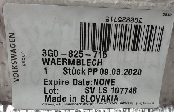 VW Arteon osłopna termiczna tył lewa 3G0825715 NOWA