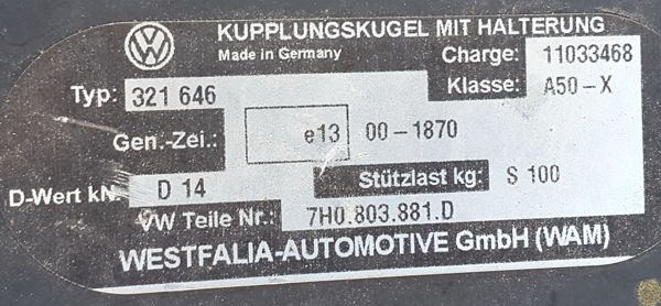 VW T5 Transporter hak Westfalia 321646